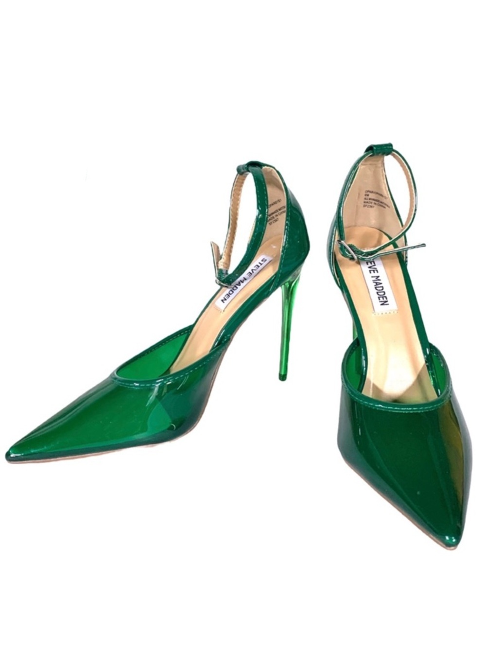 STEVE MADDEN "OPAR" GREEN PLASTIC STILETTO HEEL ANKLE STRAP PUMPS (6)